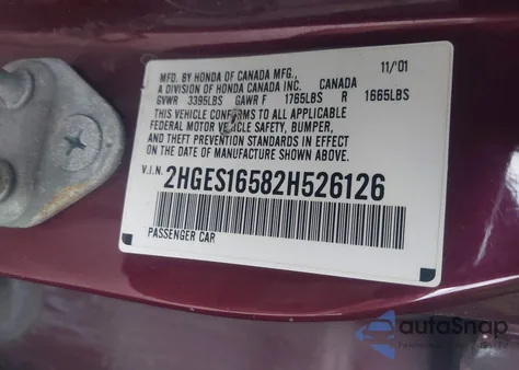 2002 Honda Civic Lx из США, поврежденный, VIN 2HGES16582H526126